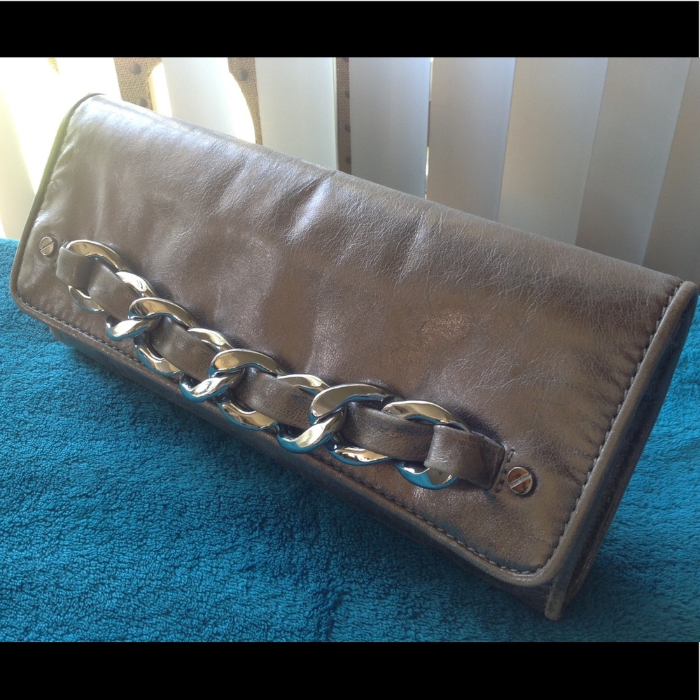 Bronze Metallic clutch with silver chain accent